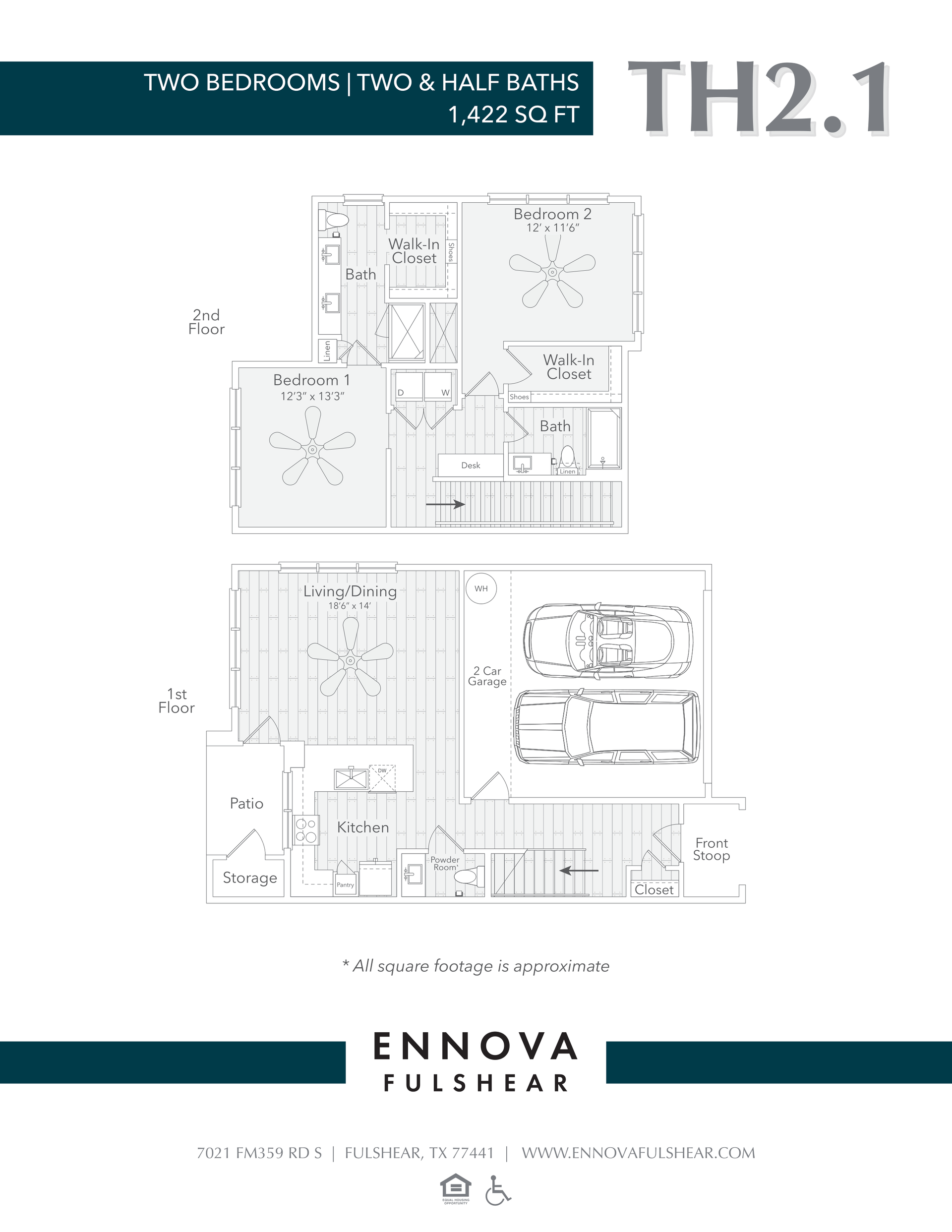 Floor plan of a townhome with three bedrooms, two and a half baths, and 1,622 sq ft.
