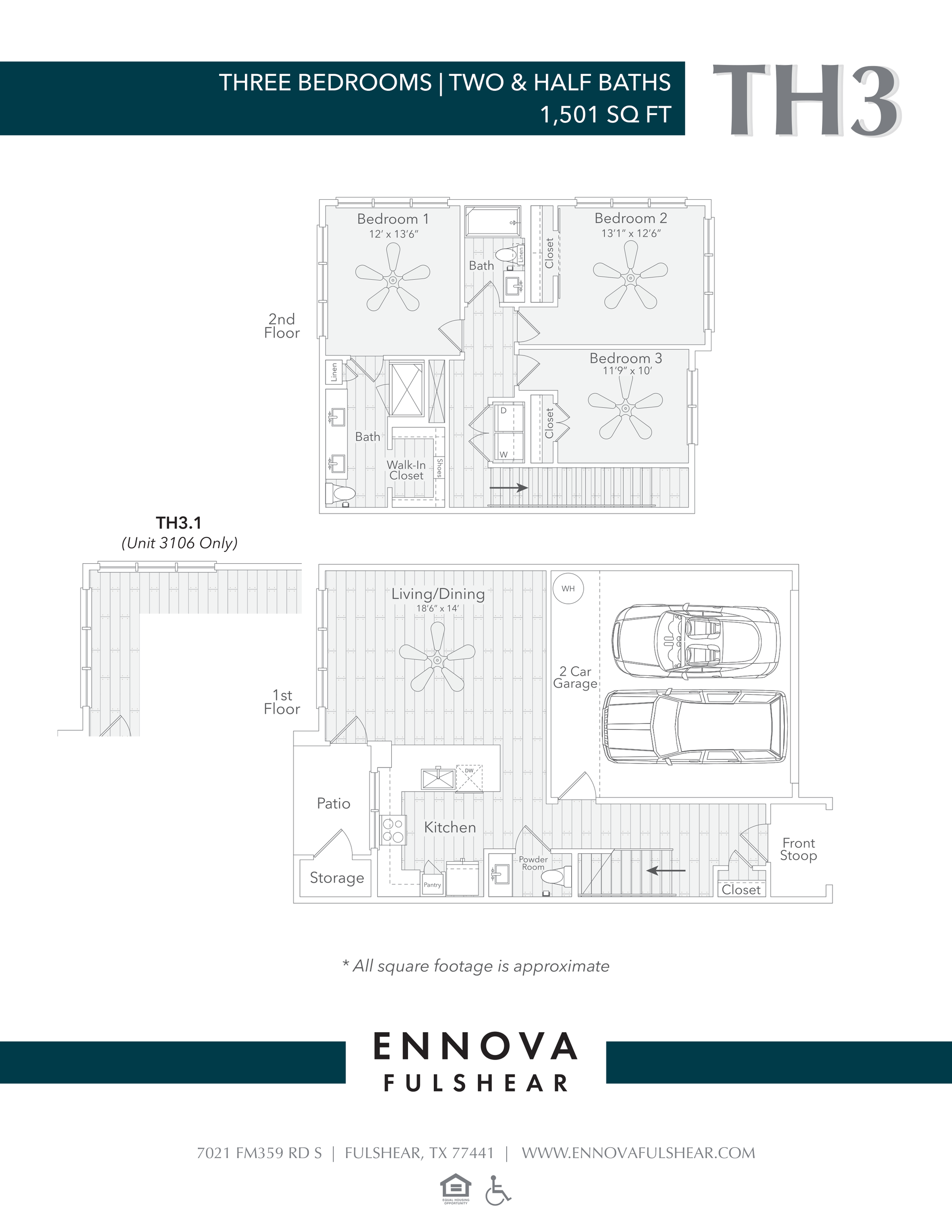 Floor plan of a townhome with 3 bedrooms, 2.5 baths, and a 1,501 sq ft layout.