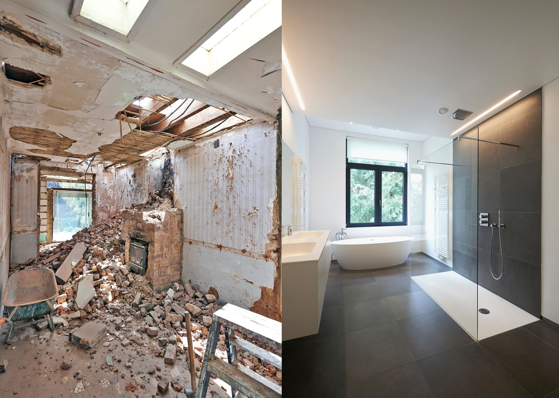 Vue avant/après d'une salle de bain rénovée. À gauche, on voit les débris de démolition. À droite, une salle de bain moderne et finie avec baignoire et douche.