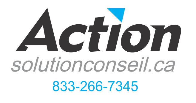 Logo pour Action solutionconseil.ca avec « Action » en gris foncé, icône triangle bleu et numéro de téléphone 833-266-7345.