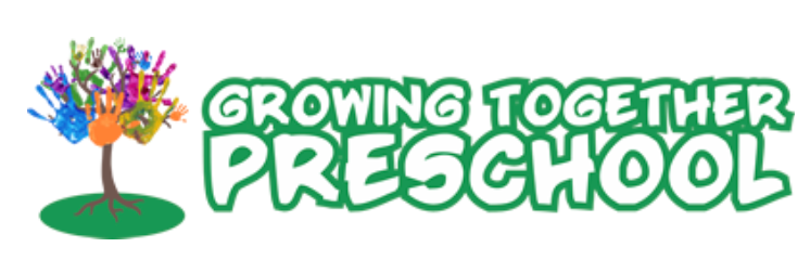 A logo for growing together preschool with a tree and handprints on it.