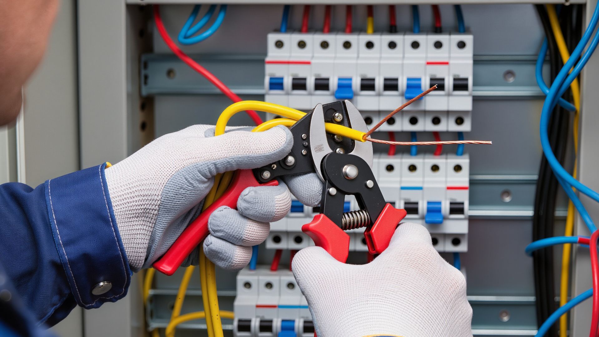 Hands cutting and stripping electrical wire inside a breaker panel during a commercial job. Hands cutting and stripping electrical wire inside a breaker panel during a commercial job.