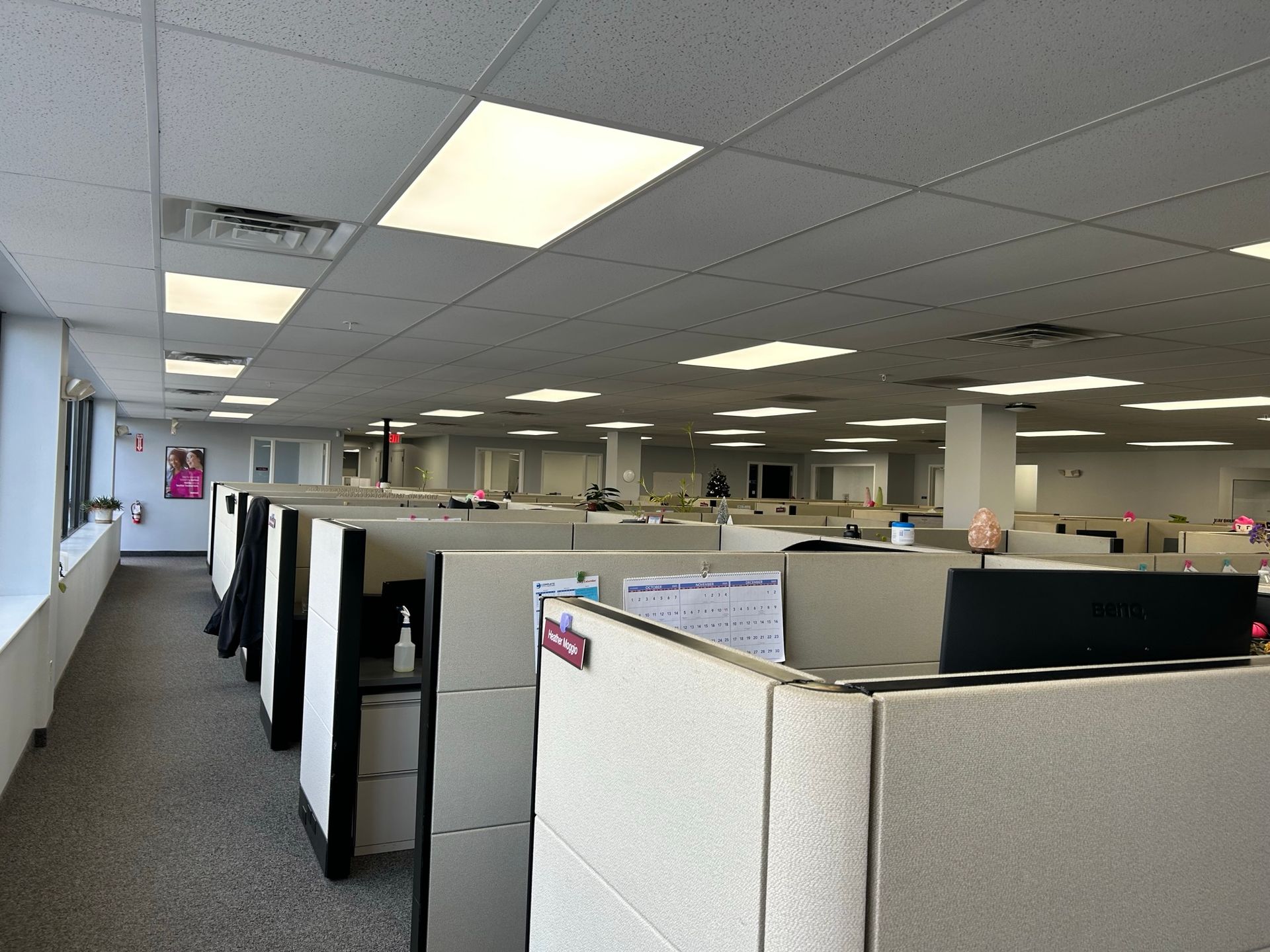 Office cubicles, fluorescent lights, beige dividers, empty.