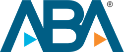 Logo of ABA, blue with an orange and blue triangle.