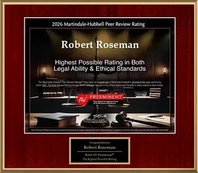 Plaque for Robert Roseman, with his name and highest possible Martindale-Hubbell peer review rating.