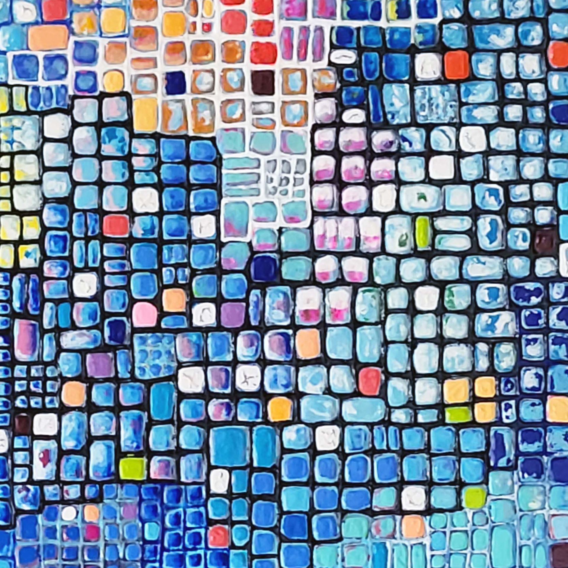 compositie blauwe vierkanten 7 - detail van schilderij van Jo & Josie, verfding.nl