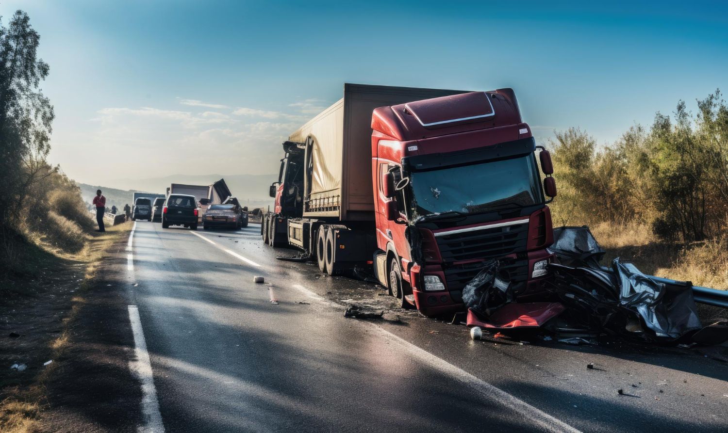 A truck has crashed into another truck on a highway.