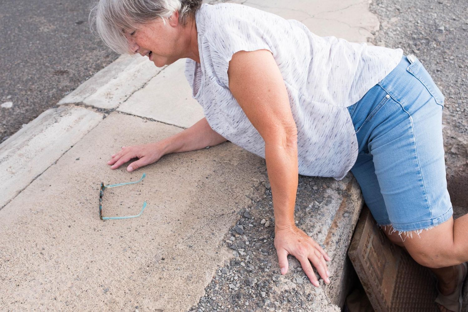 An elderly woman is crawling on the sidewalk.