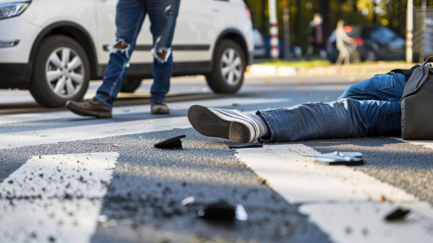 A man is laying on the ground after a car accident.