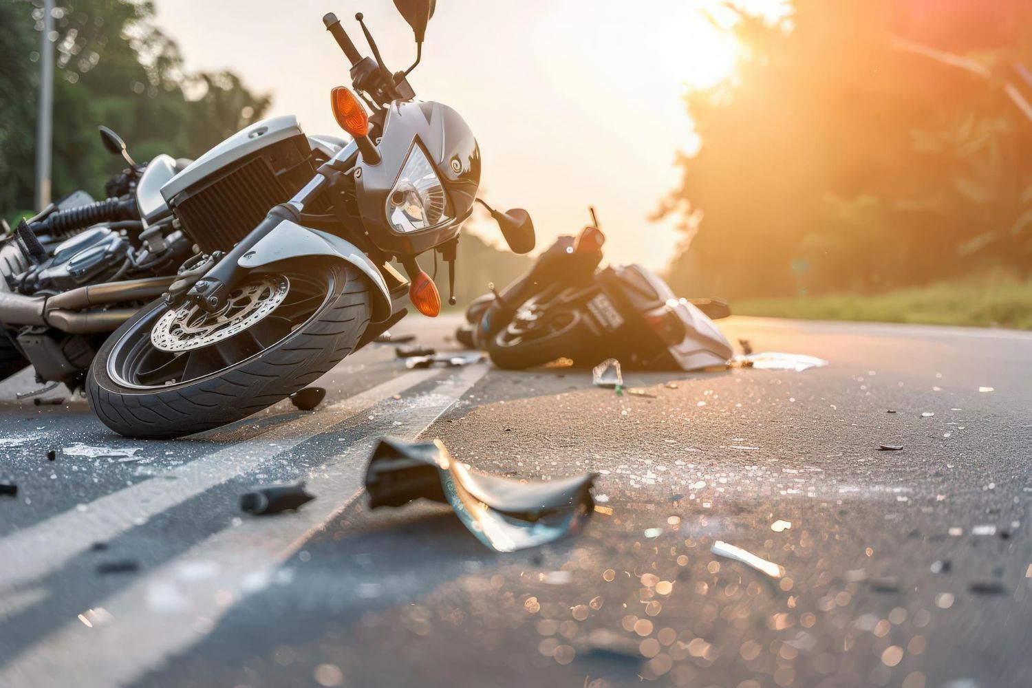 A motorcycle has crashed into another motorcycle on the road.