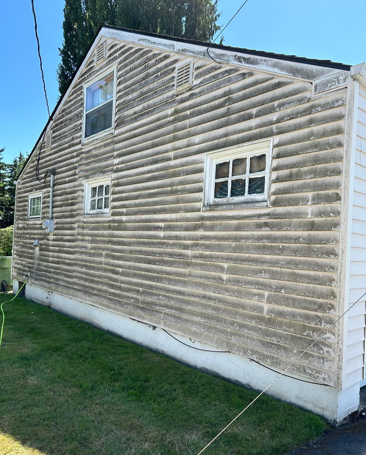 A white house with a window and shutters is covered in green algae.