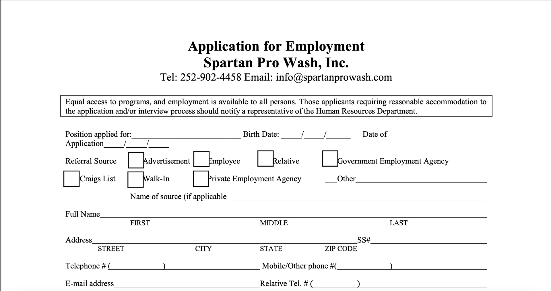 An application for employment for spartan pro wash inc.