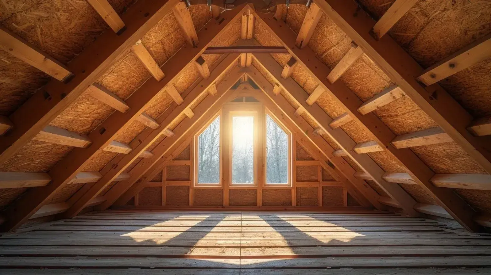 exposed wood and framing in the attic of a house