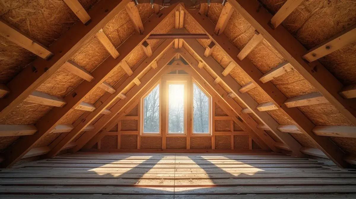 Wooden attic interior with a window letting in sunlight.