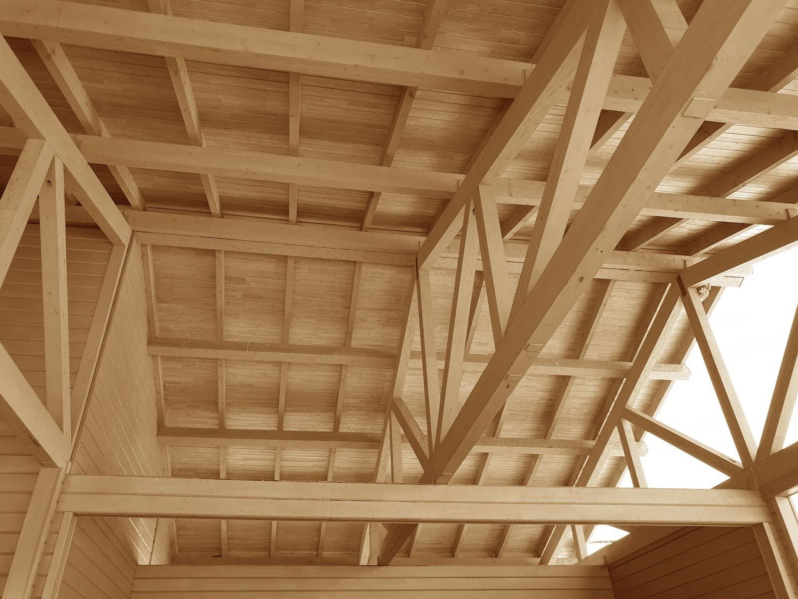 Wooden roof interior with intersecting beams and trusses forming geometric support patterns.