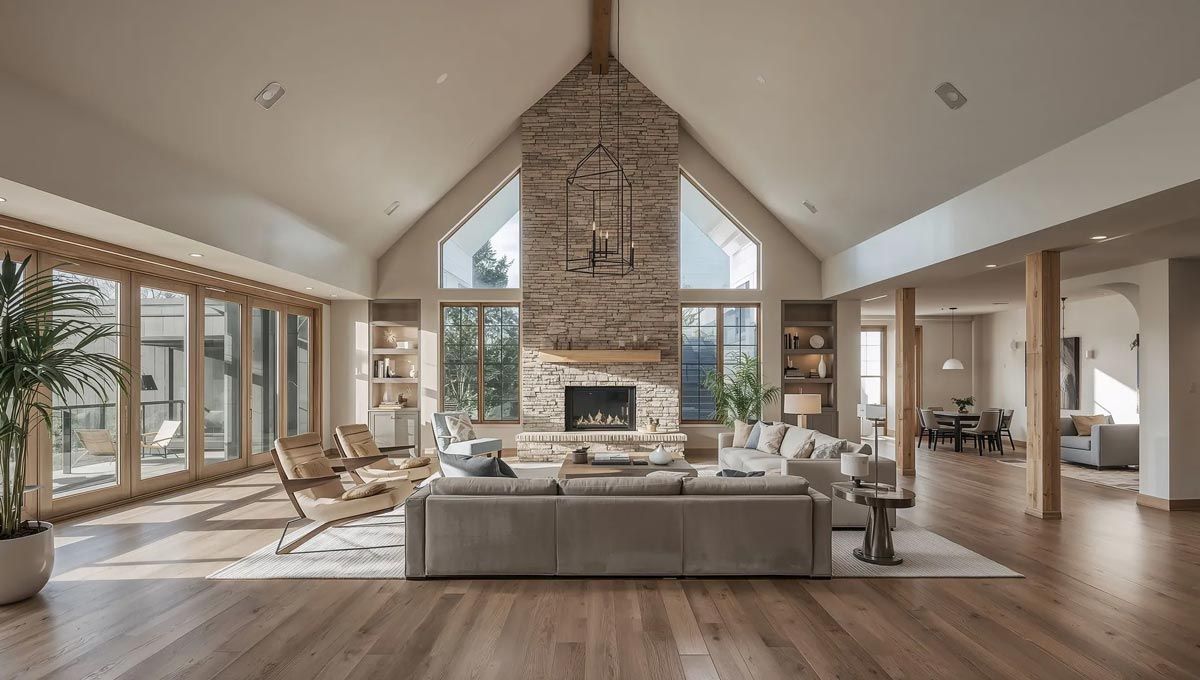 Spacious living room with a stone fireplace, large windows, and modern furniture.