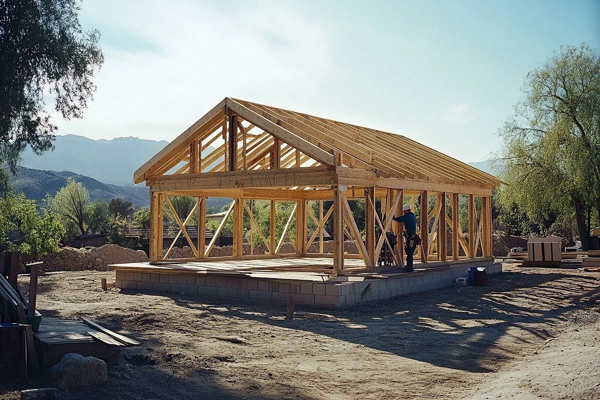 Wooden building frame under construction in a desert landscape; two workers visible.