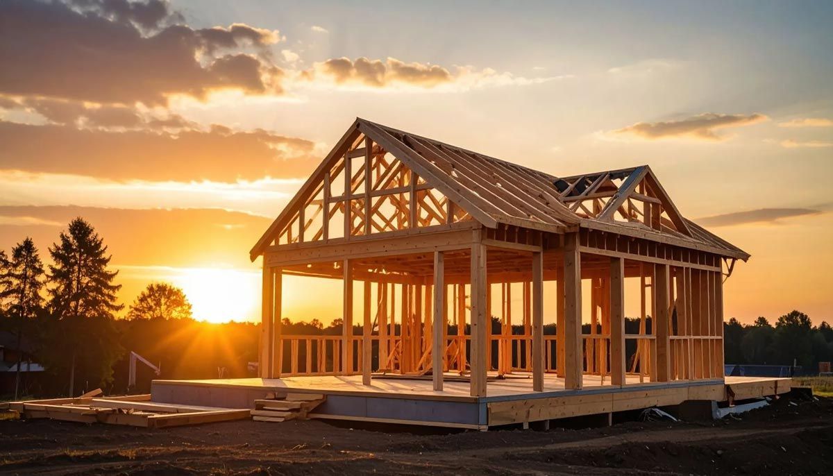 Wooden house frame under construction at sunset.