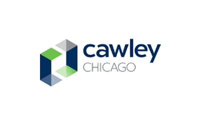 A logo for cawley chicago with a blue and green cube on a white background.