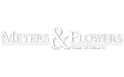 A white logo for meyers & flowers on a white background.