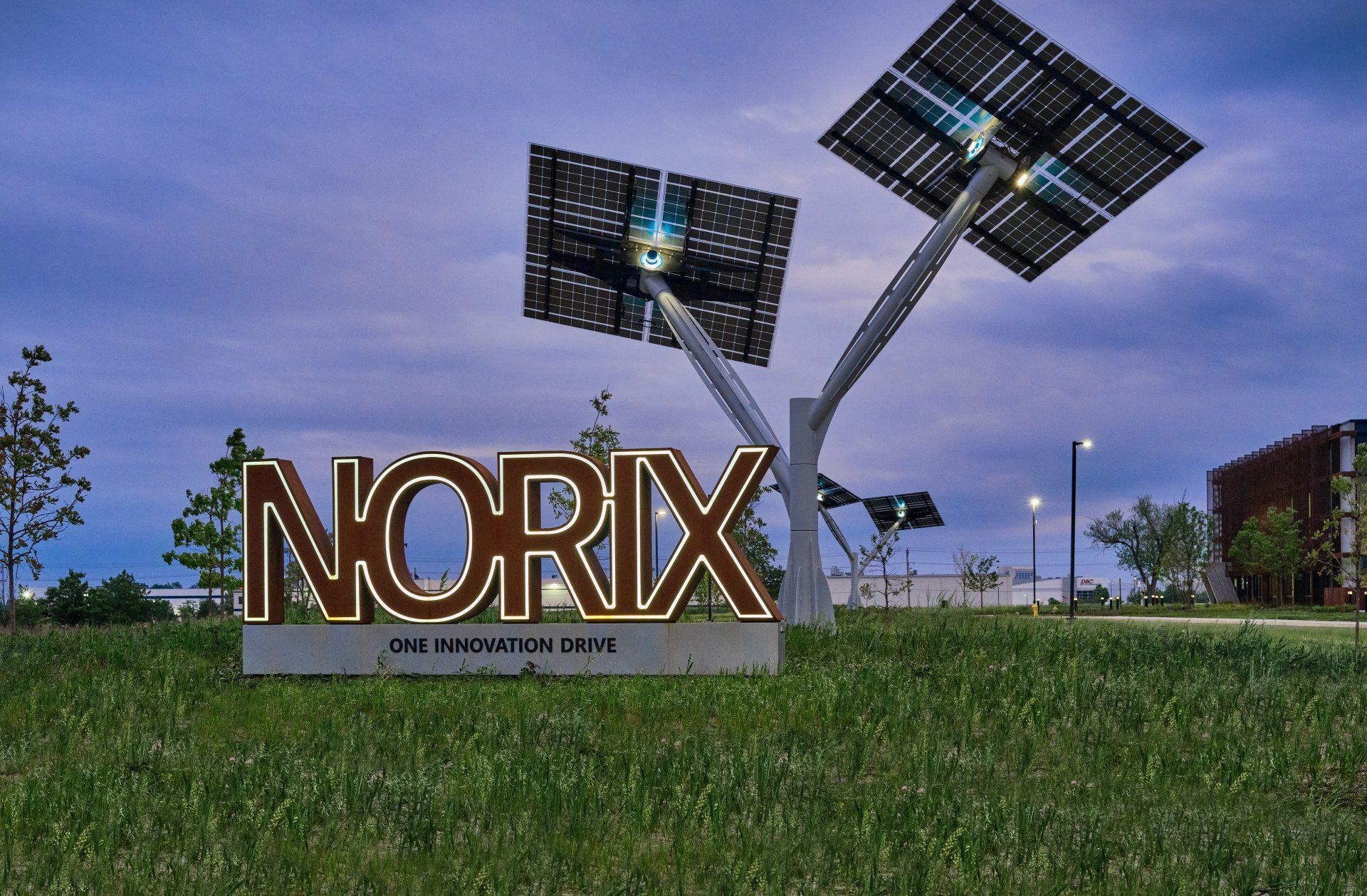 The word norix is on a sign in the grass