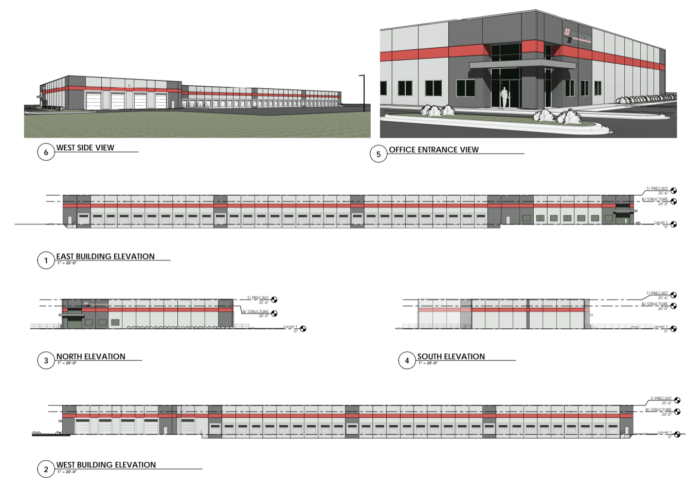 A drawing of a building with red stripes on the side.