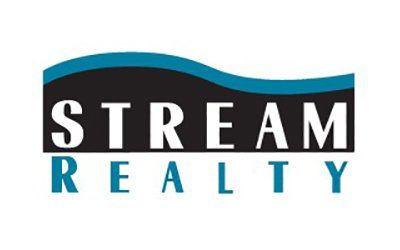 A stream realty logo with a blue wave in the middle