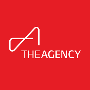 A red and white logo for rise realty