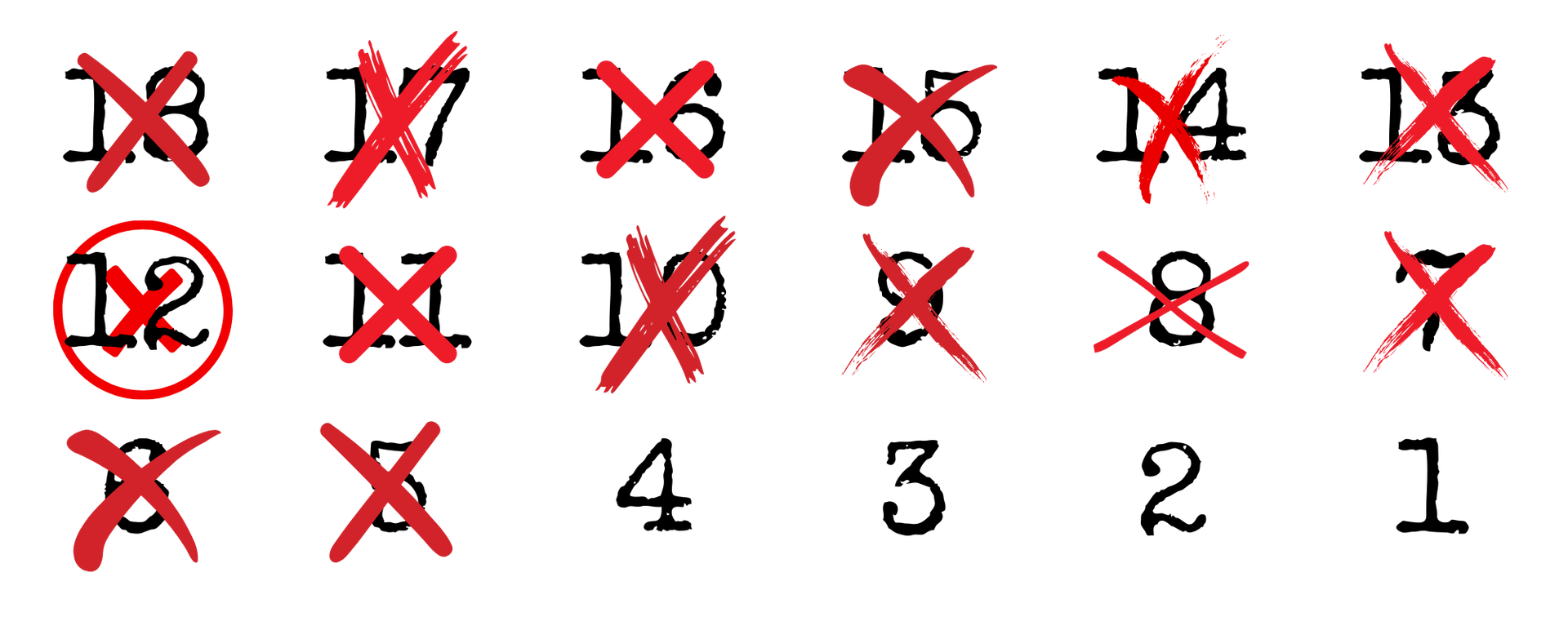 A set of red crossed out numbers on a white background