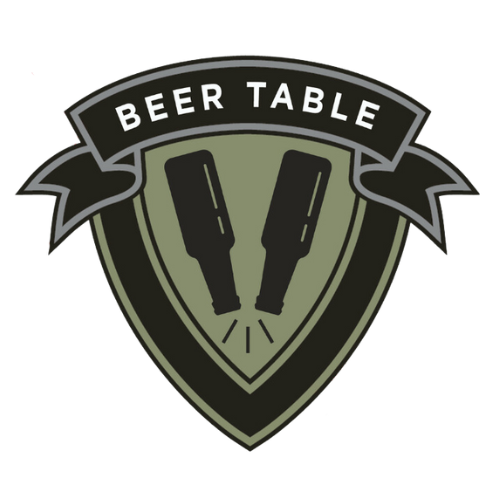 A logo for beer table with two bottles on it