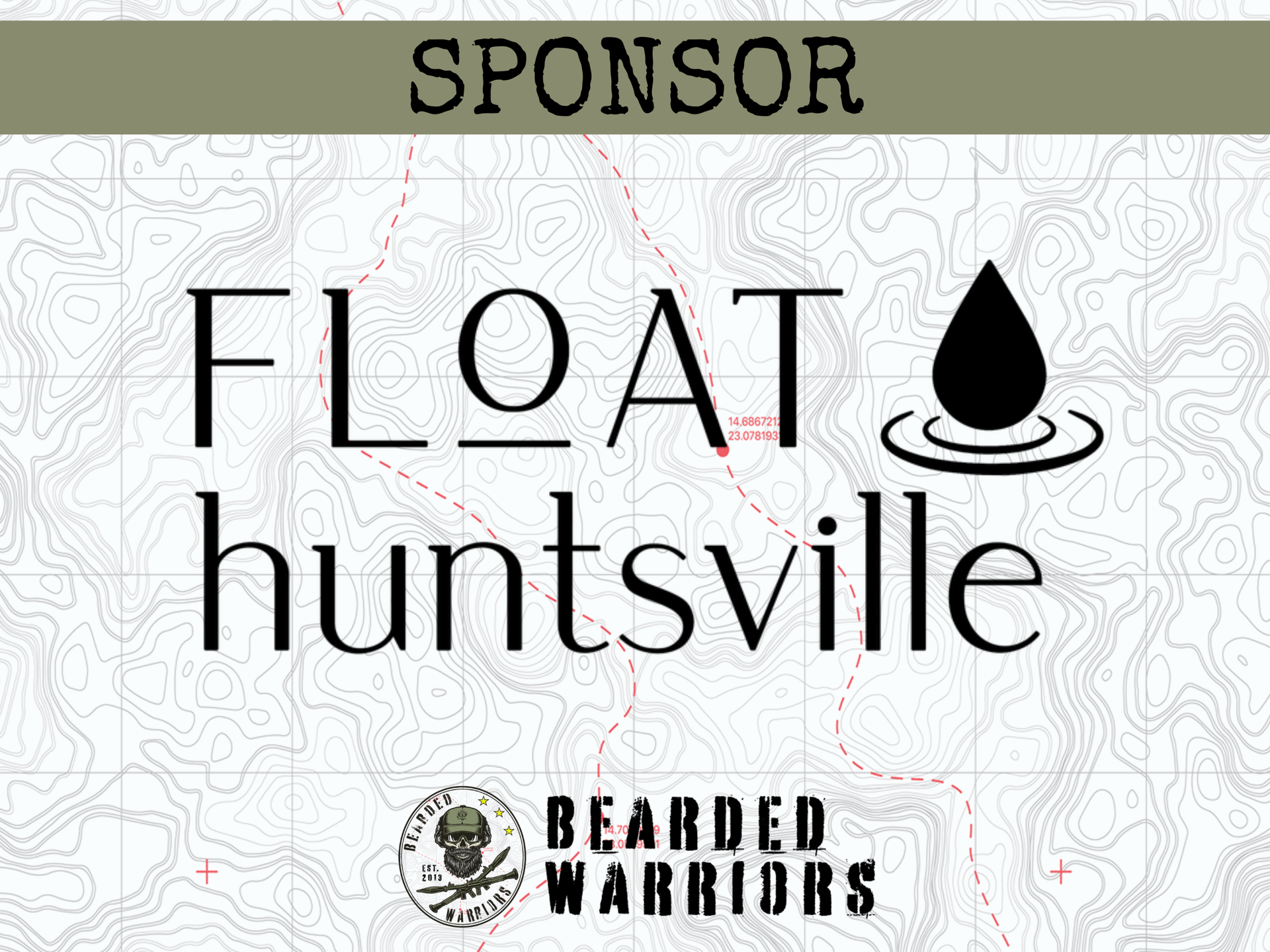 Sponsor logo for Float Huntsville with water droplet icon and Bearded Warriors logo