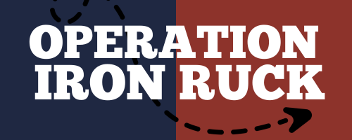 A blue and red logo for operation iron ruck