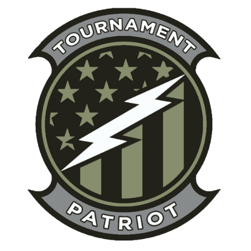 A logo for tournament patriot with an american flag and lightning bolt