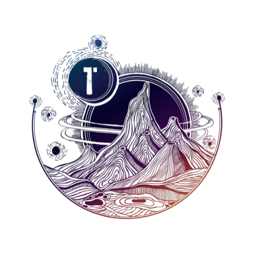 A drawing of a mountain in a circle with the letter t in the middle.