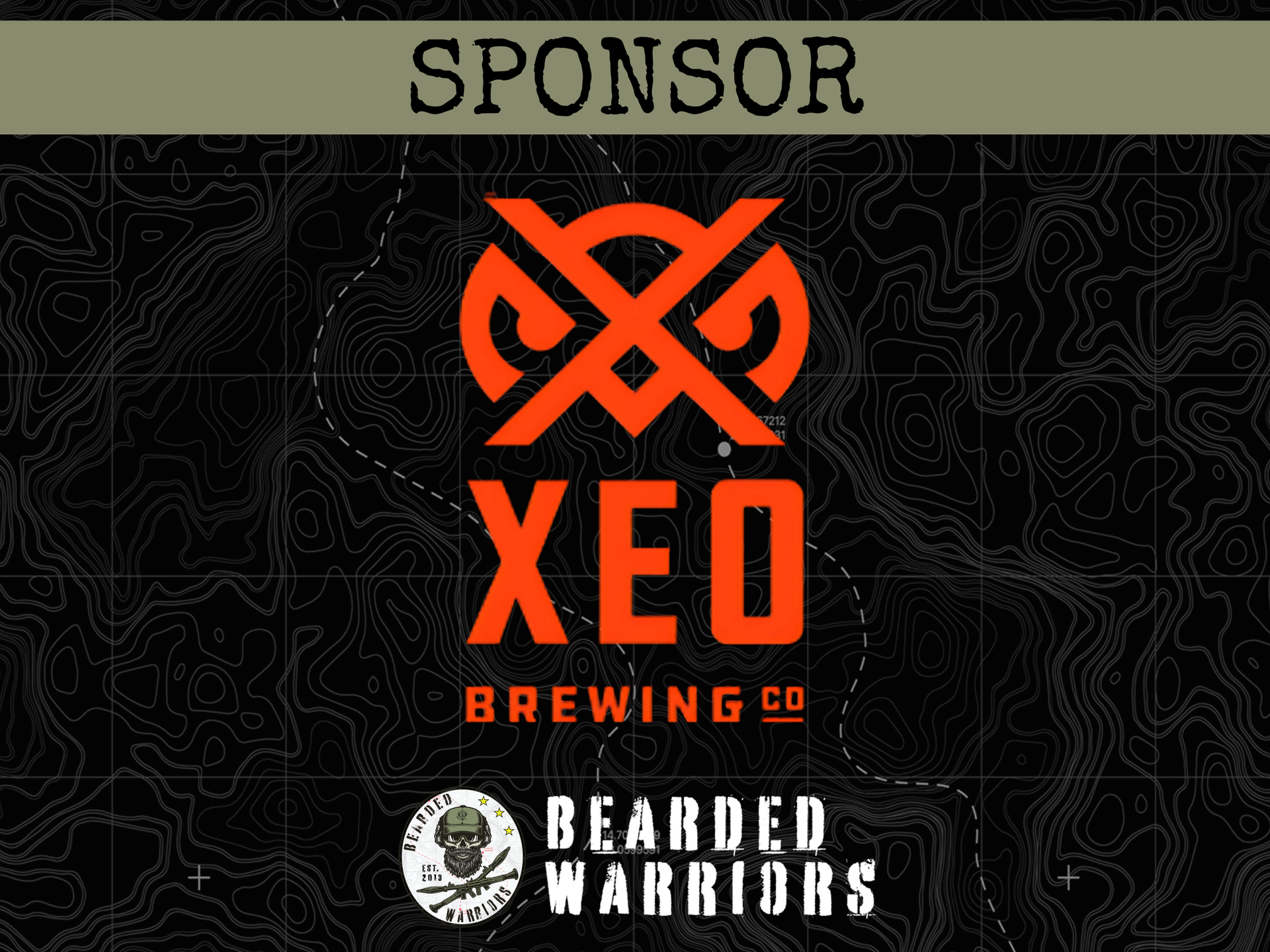 Sponsor logo: XEO Brewing Co. over a topographic background