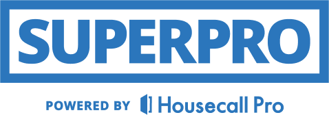 A blue and white logo for superpro powered by housecall pro