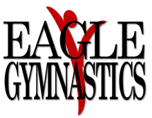 A logo for eagle gymnastics with a red arrow