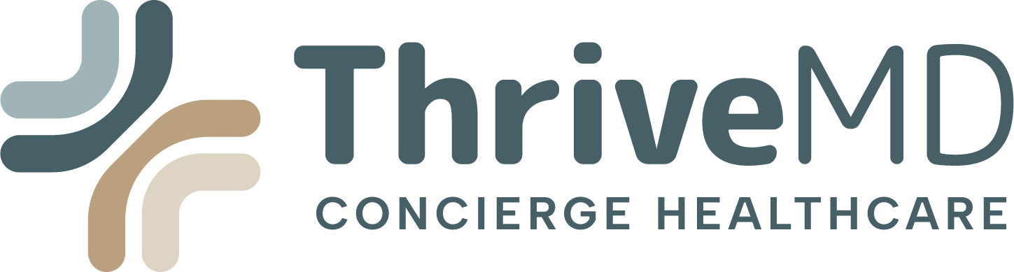 ThriveMD concierge healthcare logo with stylized teal and beige cross icon