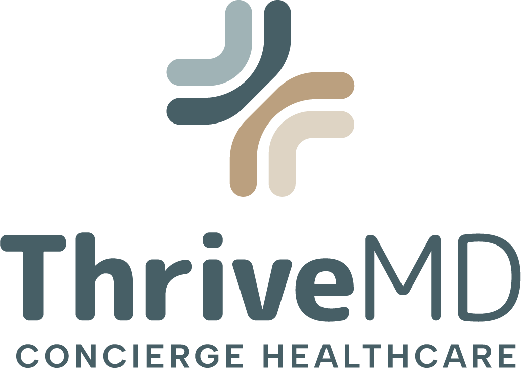 ThriveMD Concierge Healthcare logo in gray, gold, and teal on a white background