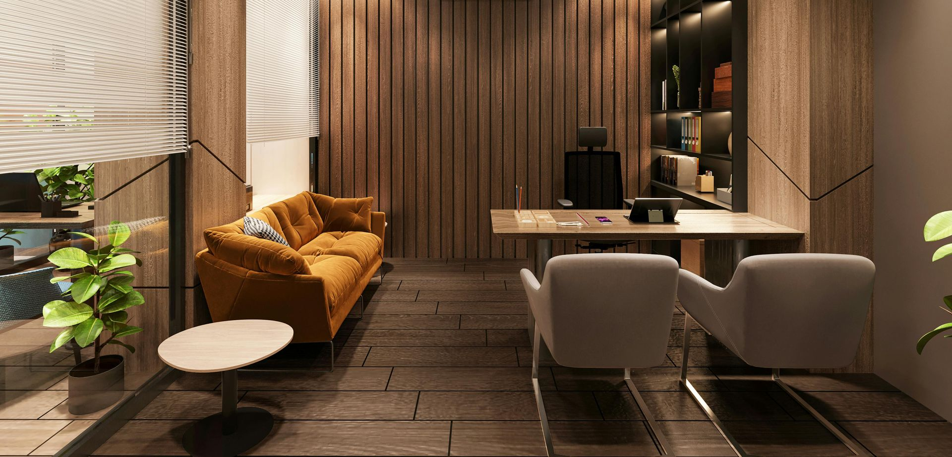 Modern living room with mustard sofa, gray chairs, dining table, and warm wood paneling