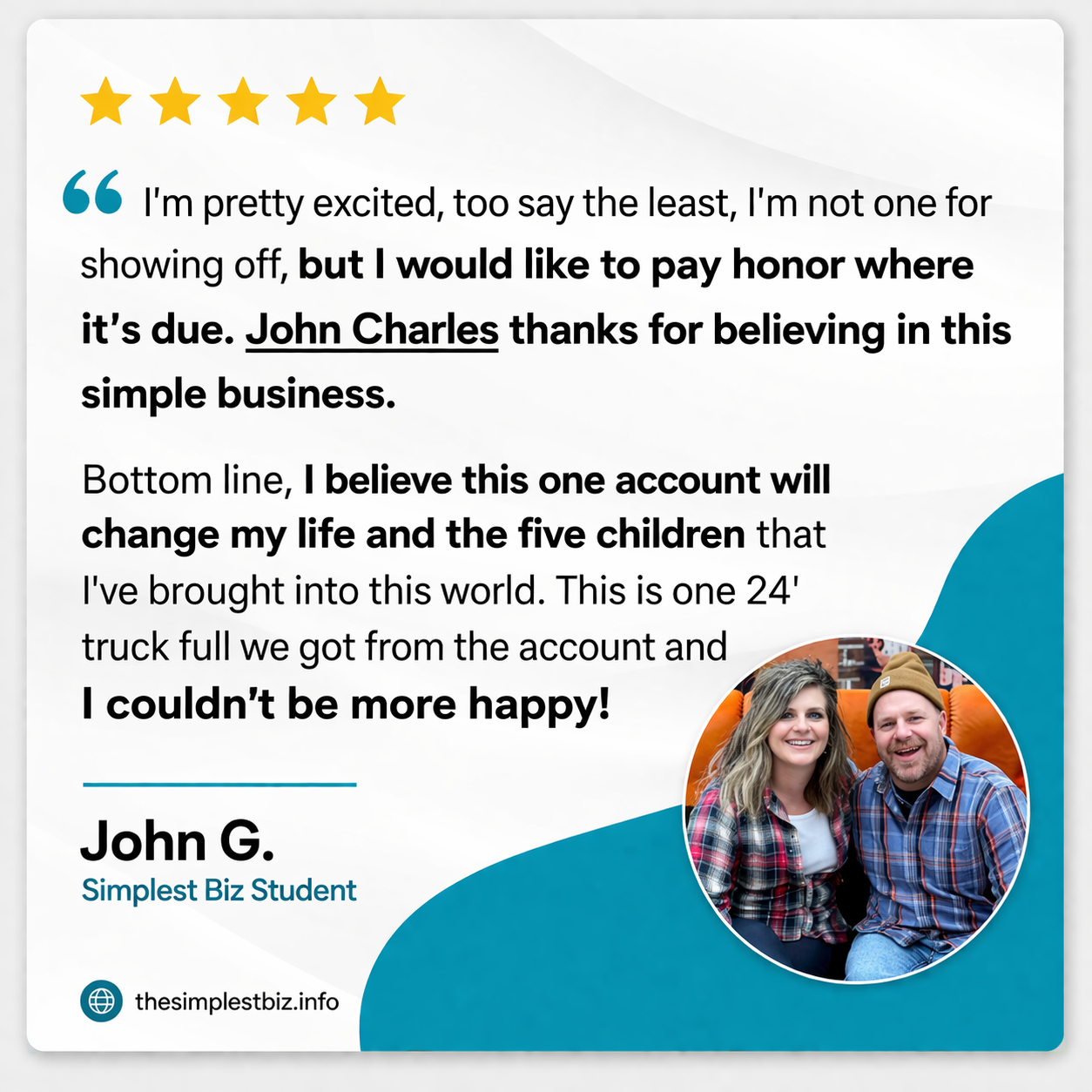 A testimonial from john g. with a picture of him and his wife