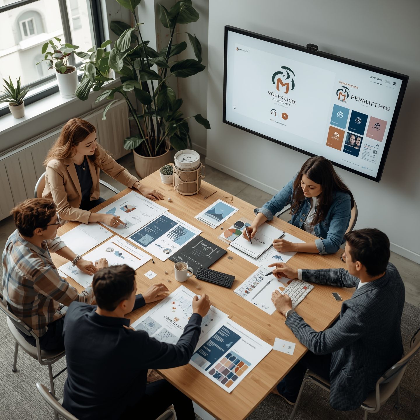 A creative marketing team collaborates in a modern office on branding and logo design strategies 