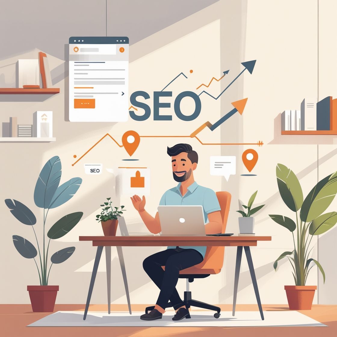 Small business owner using SEO strategies on a laptop with growth charts, local search icons
