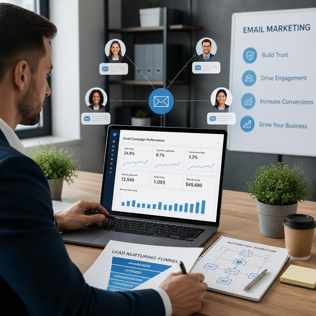 Professional email marketing dashboard displaying campaign analytics, audience segmentation, automation workflows, and lead nurturing strategies for business growth.