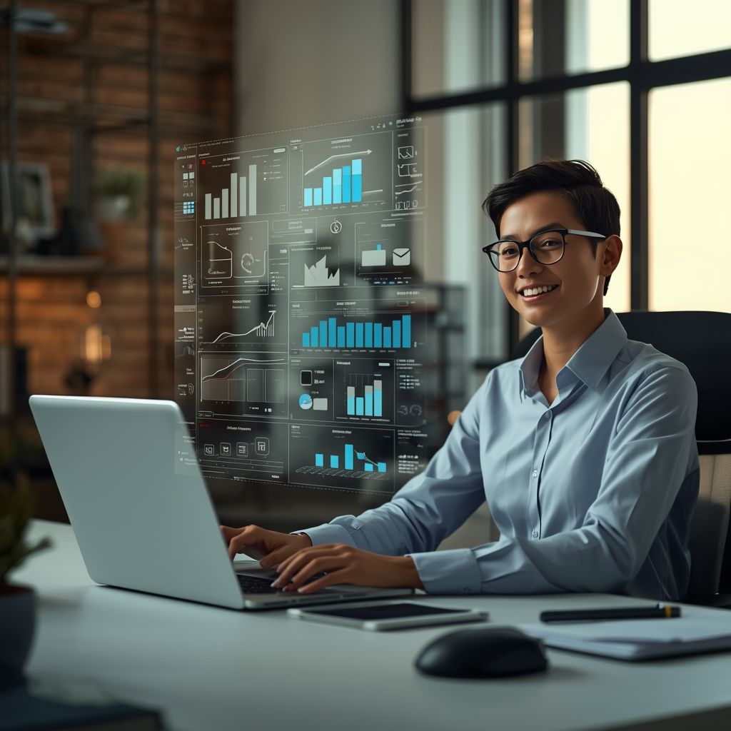 Small business owner using AI marketing tools on a laptop with analytics dashboard, SEO data, and automation icons in a modern office workspace