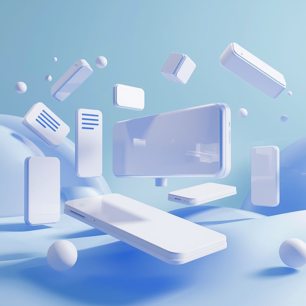 3D floating smartphone and digital interface elements in a modern blue abstract environment