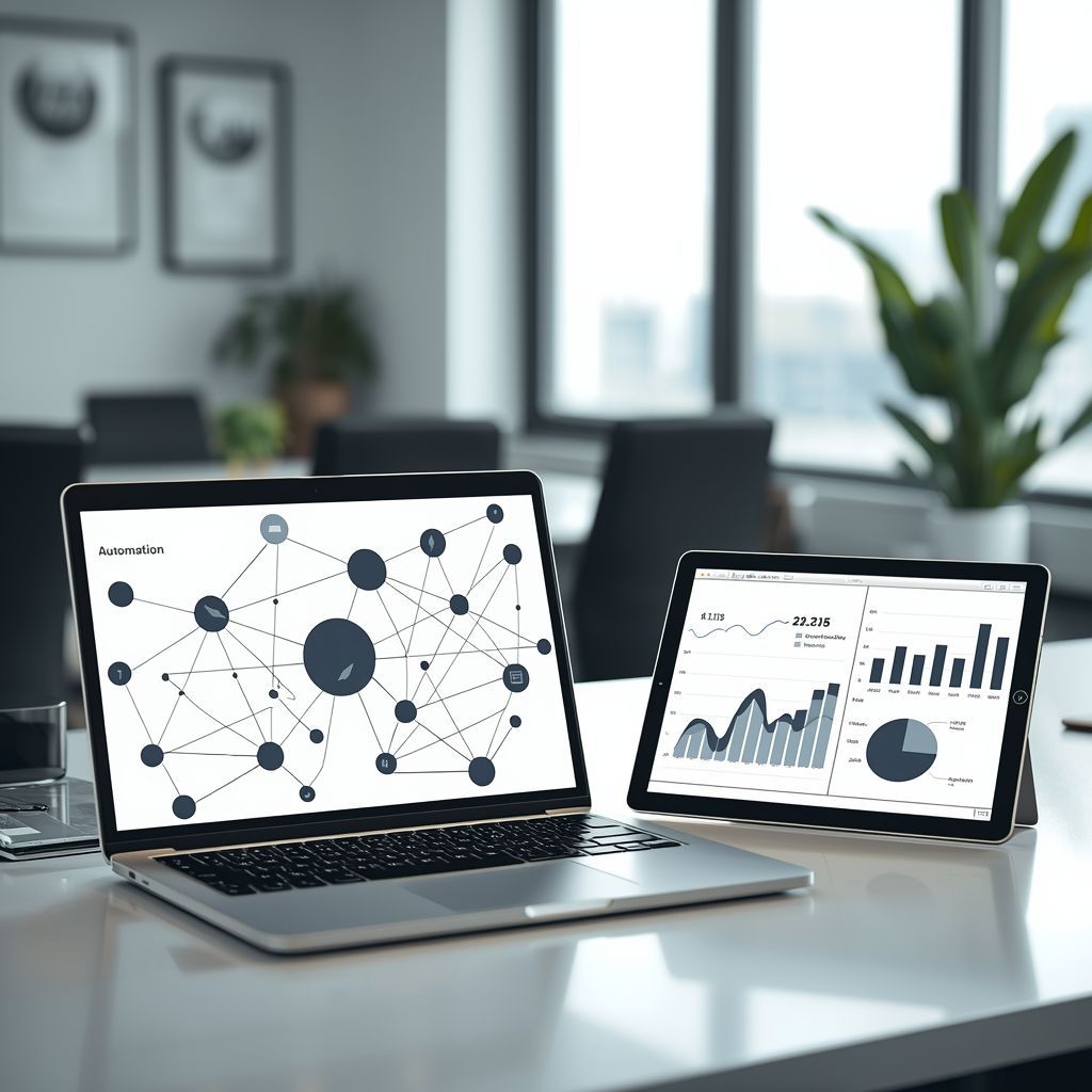 Laptop and tablet displaying marketing automation workflow and analytics dashboard on modern office