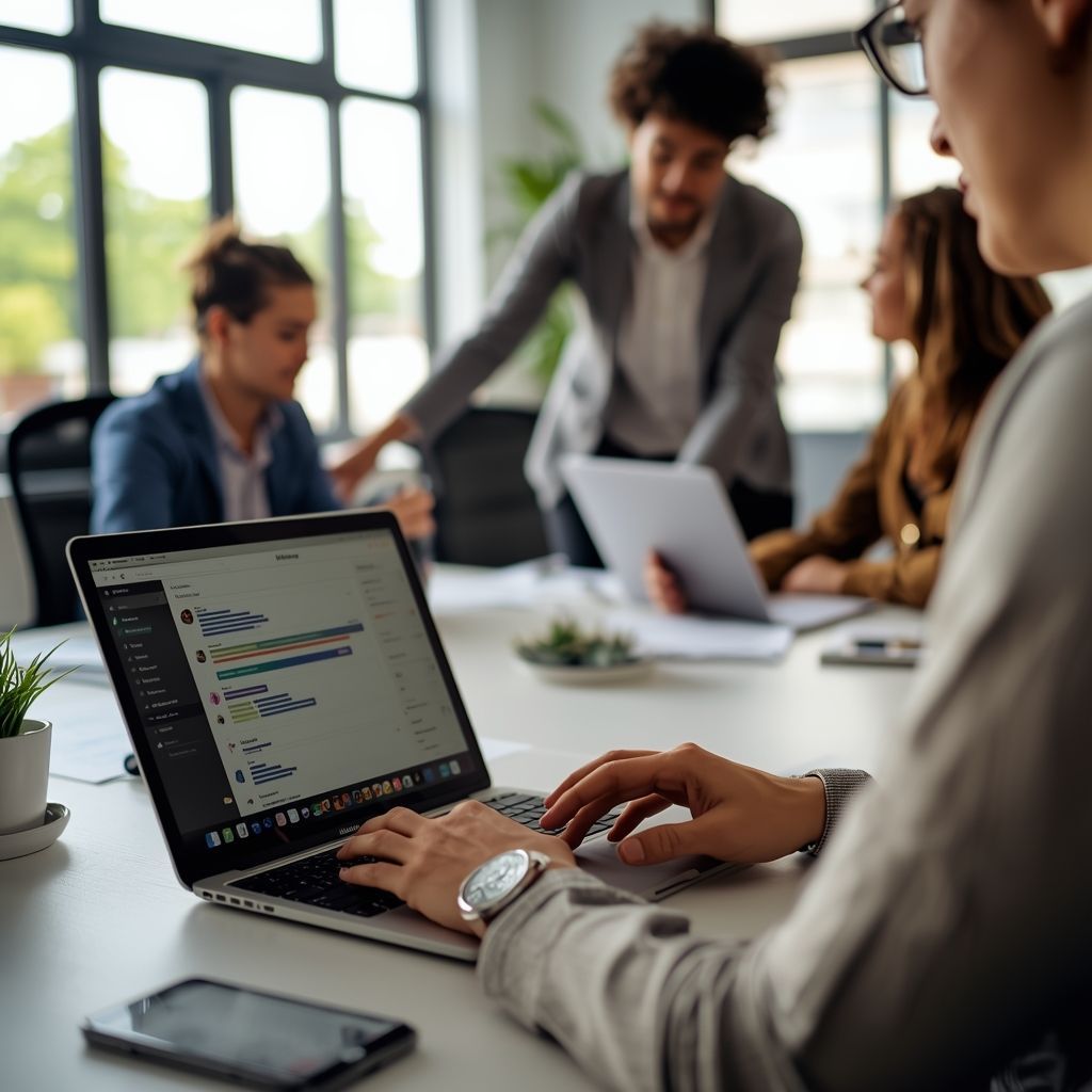 Marketing team planning social media strategy with analytics dashboard on laptop in modern office