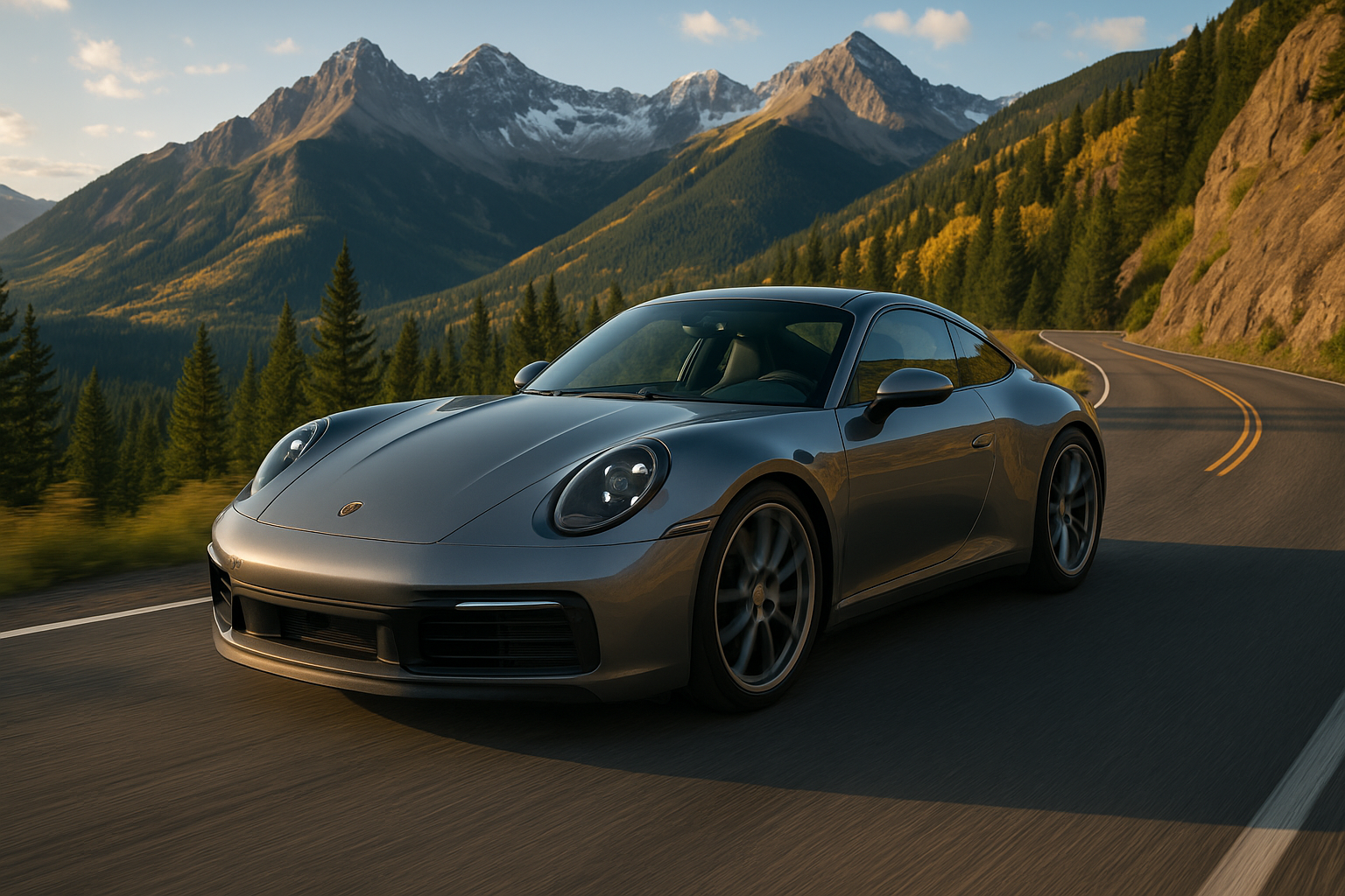 Green sports car with black rims, spoiler, and front lip parked on a street with trees.