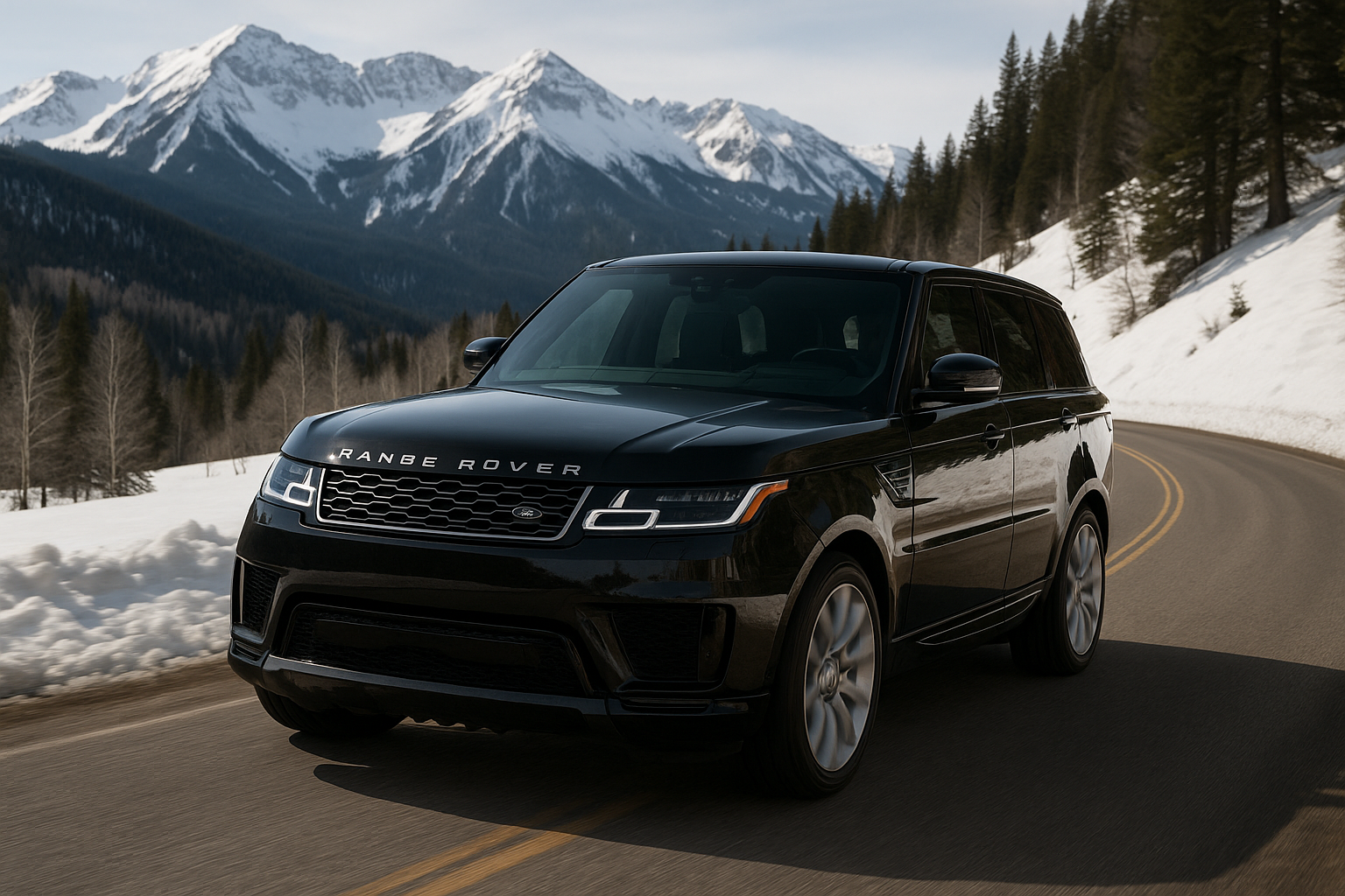Black Range Rover SUV in a repair shop, front end disassembled, on a lift.